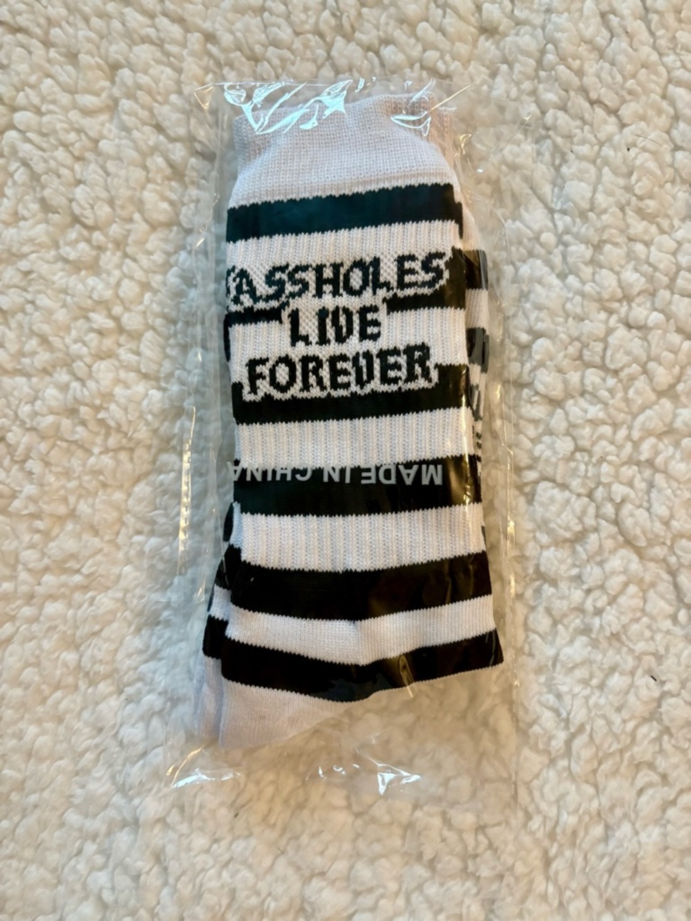 Assholes Live Forever Graphic Stripe Crew Socks - White/Black